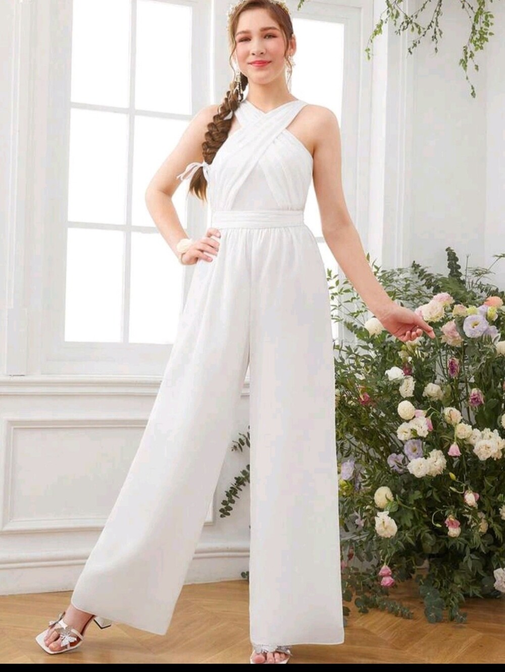 Teen Girl White Solid Color Chiffon Crisscross Wide Leg Jumpsuit Size: 16Y